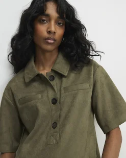 Khaki Faux Suede Short Sleeve Shirt Dress