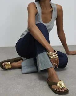 Khaki Flower Toe Thong Flat Sandals