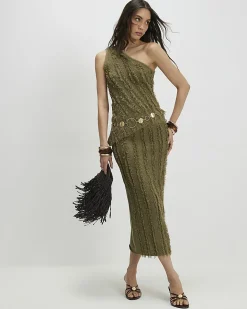 Khaki Knitted Asymmetric Fringed Top