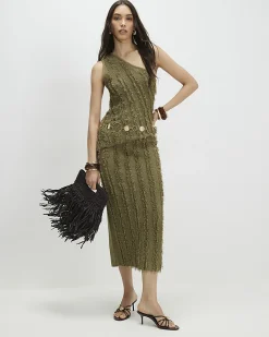 Khaki Knitted Fringed Midi Skirt