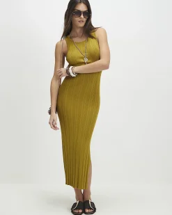 Khaki Knitted Racer Neck Ribbed Midi Dress
