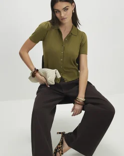Khaki Knitted Short Sleeve Polo Cardigan