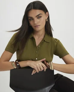 Khaki Knitted Short Sleeve Polo Cardigan