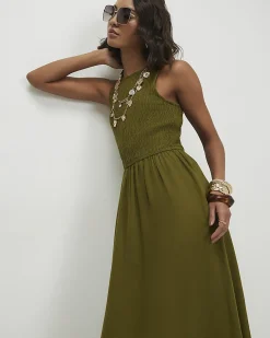 Khaki Linen Blend Shirred Midi Dress