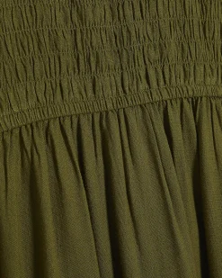 Khaki Linen Blend Shirred Midi Dress
