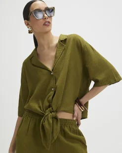 Khaki Linen Blend Short Sleeve Shirt