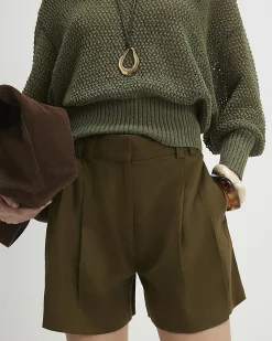 Khaki Linen Blend Tailored Shorts