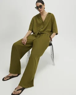 Khaki Linen Blend Wide Leg Trousers