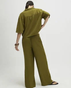 Khaki Linen Blend Wide Leg Trousers