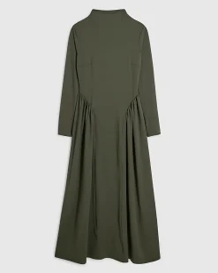Khaki Long Sleeve Gathered Waist Maxi Dress