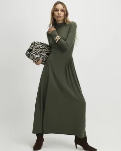 Khaki Long Sleeve Gathered Waist Maxi Dress