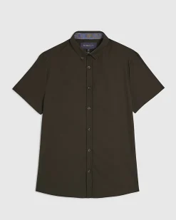 Khaki Muscle Fit Textured Cotton Blend Shirt