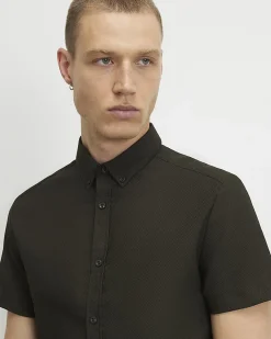 Khaki Muscle Fit Textured Cotton Blend Shirt