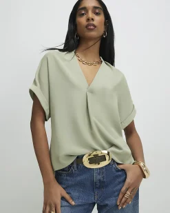 Khaki Notch Neck Short Sleeve Top