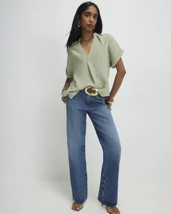 Khaki Notch Neck Short Sleeve Top