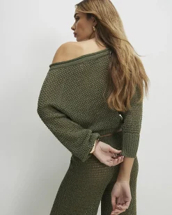 Khaki Open Stitch Knit Off The Shoulder Top