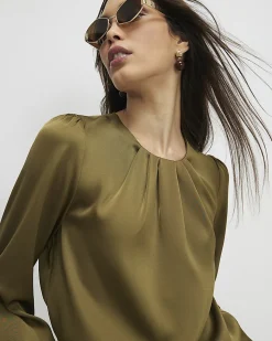 Khaki Pleat Front Blouse