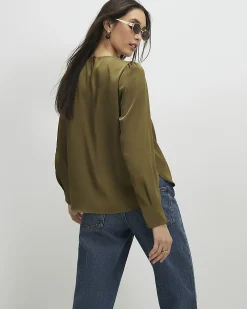 Khaki Pleat Front Blouse