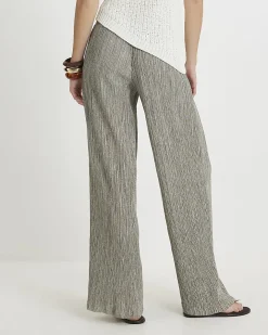 Khaki Plisse Wide Leg Trousers
