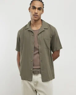 Khaki Regular Fit Linen Blend Revere Shirt