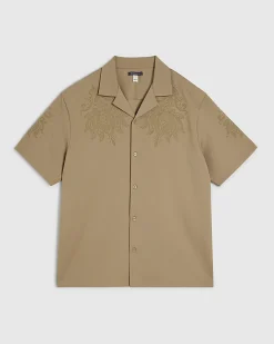 Khaki Regular Fit Paisley Embroidery Shirt