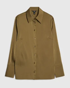 Khaki Satin Long Sleeve Slim Fit Shirt