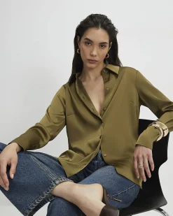 Khaki Satin Long Sleeve Slim Fit Shirt
