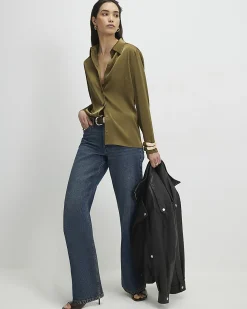 Khaki Satin Long Sleeve Slim Fit Shirt
