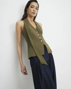 Khaki Scarf Neck Waistcoat