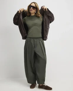 Khaki Short Sleeve Cotton Fitted Top