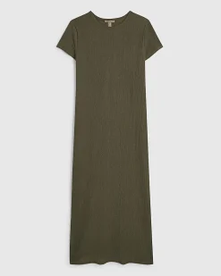Khaki Short Sleeve Textured Midi Dress