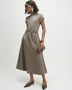 Khaki Short Sleeve Tie Waist Midi Dress