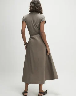 Khaki Short Sleeve Tie Waist Midi Dress