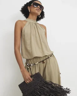 Khaki Sleeveless Bubble Hem Top