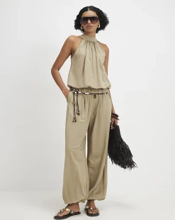 Khaki Sleeveless Bubble Hem Top