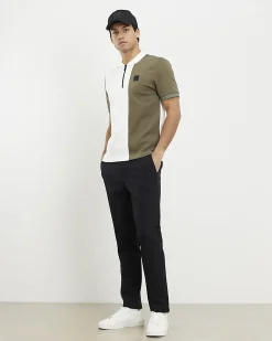 Khaki Slim Fit Blocked Zip Polo Shirt