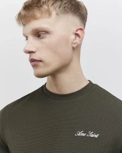 Khaki Slim Fit Textured Crew Neck T-Shirt