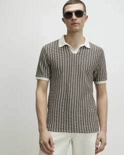 Khaki Slim Open Neck Crochet Polo Shirt