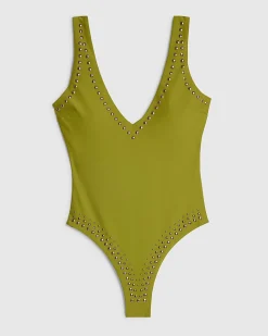 Khaki Studded V-Neck Swimsuit