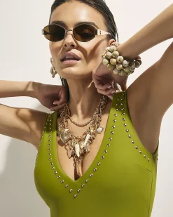 Khaki Studded V-Neck Swimsuit