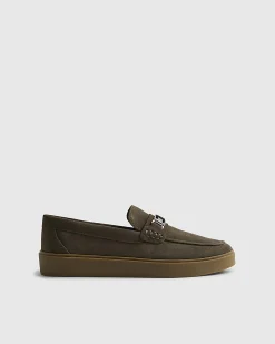 Khaki Suede Buckle Loafers