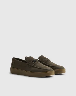 Khaki Suede Buckle Loafers