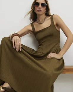 Khaki Textured Midi Dress