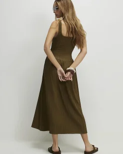 Khaki Textured Midi Dress