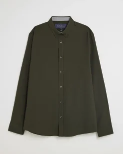 Khaki Textured Muscle Fit Long Sleeve Shirt