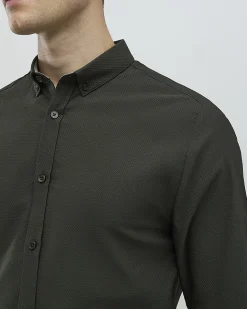 Khaki Textured Muscle Fit Long Sleeve Shirt