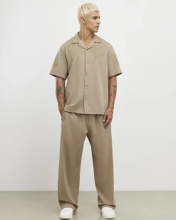 Khaki Wide Leg Twill Joggers