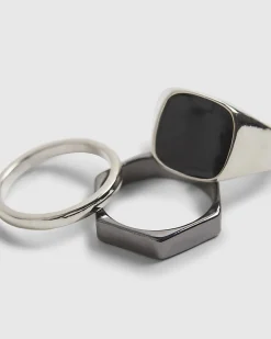 Metal Silver And Black Rings 7 Pack