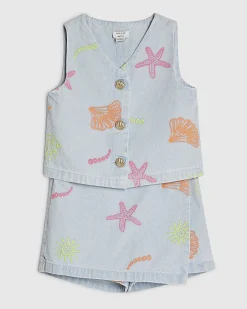 Mini Girls Denim Sea Fishes Waistcoat Set