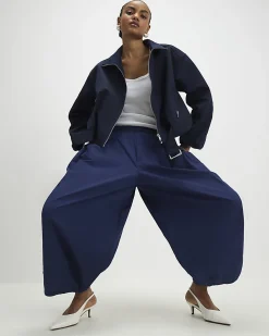Navy Barrel Leg Trousers